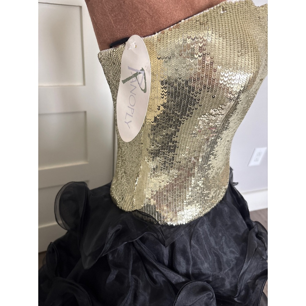 Vintage y2k PANOPLY Gold Sequin Strapless Black Ruffle High Low Gown Size 6 NWT - Picture 4 of 12